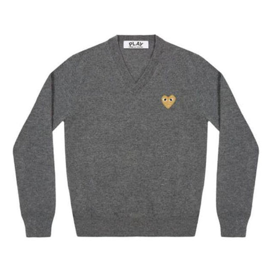 COMME des GARCONS PLAY V-Neck Pullover Gold Emblem 'Grey' AZN048-051-3